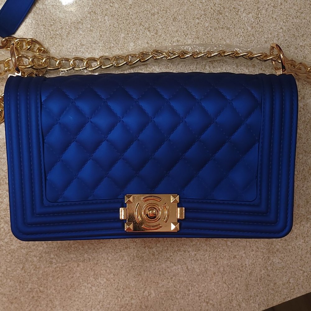 Jelly Quilted Glam Vegan Crossbody Royal Blue Gold Chain Bag - Large